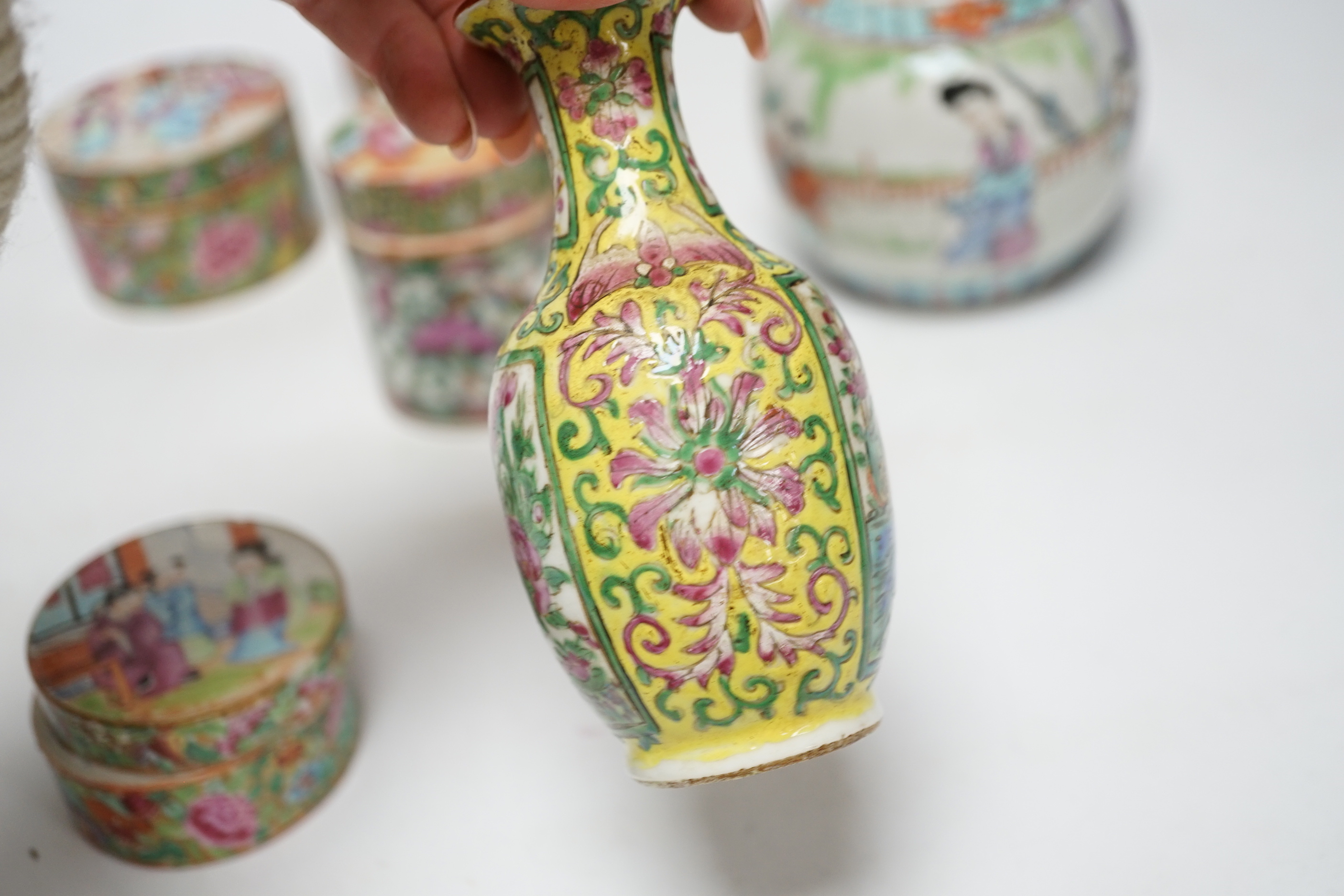 Seven 19th/20th century Chinese enamelled porcelain vases, boxes or jars